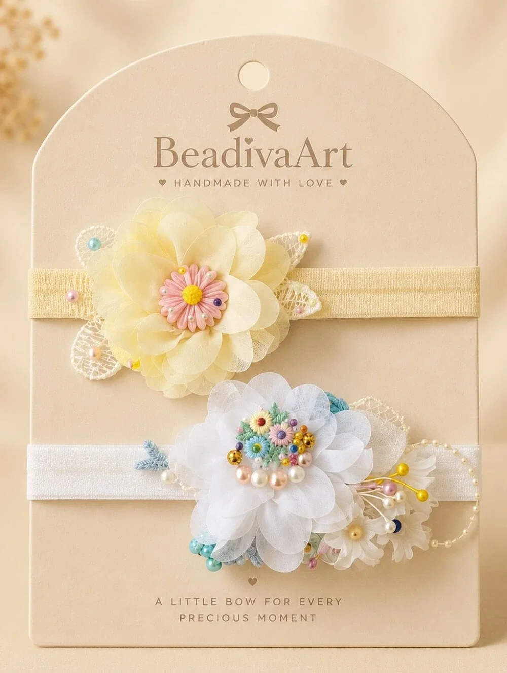 Handmade Floral Baby Headband- Cream and White (2)✨🎀